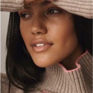 Anthropologie Beige Turtleneck Sweater with Pink Trim